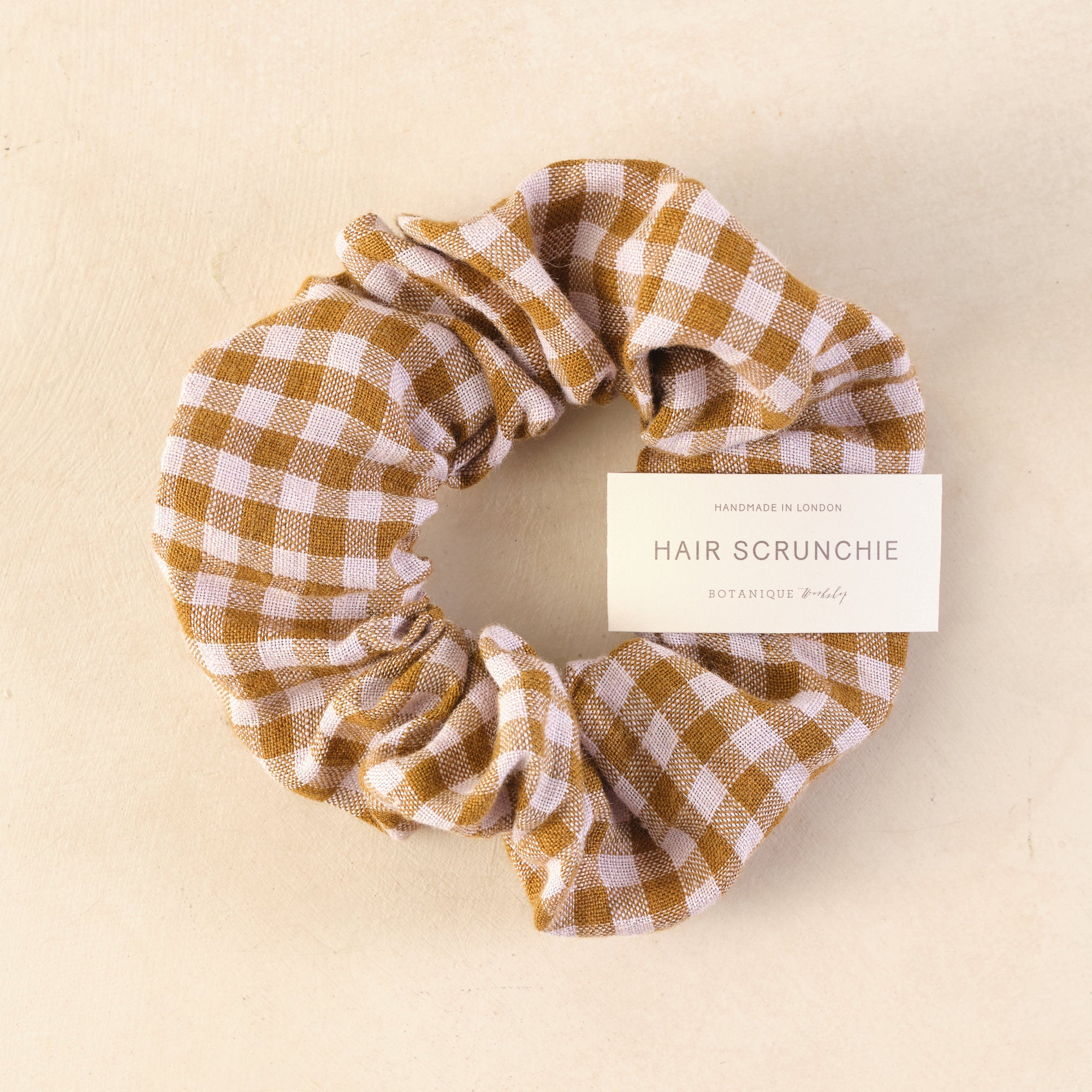 handmade scrunchie in brown gingham design