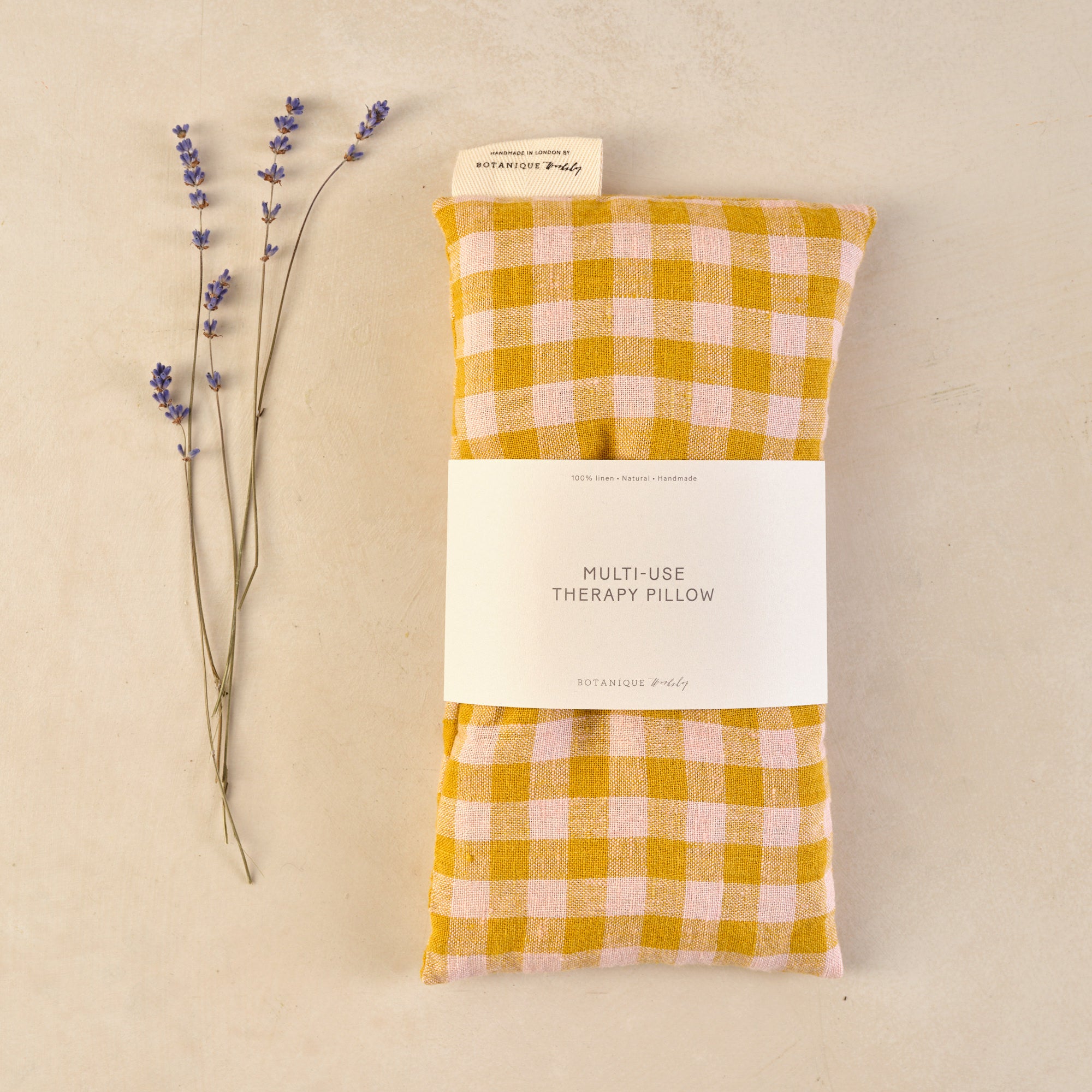 Linen therapy pillow by Botanique Workshop in yellow gingham print
