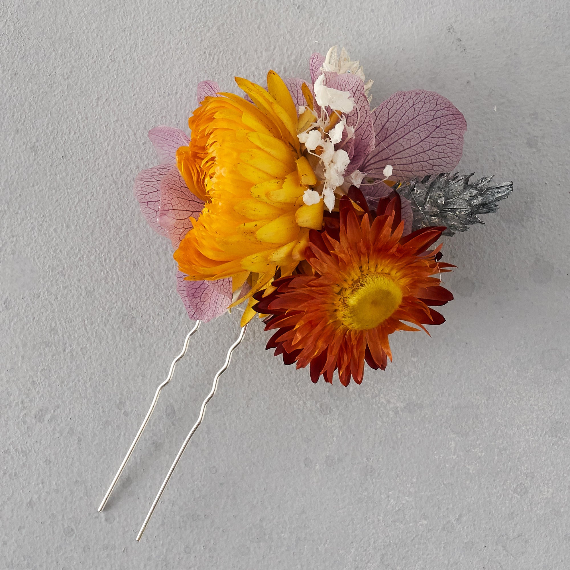 Dried flower hair pin : dusty lilac and sunshine yellow