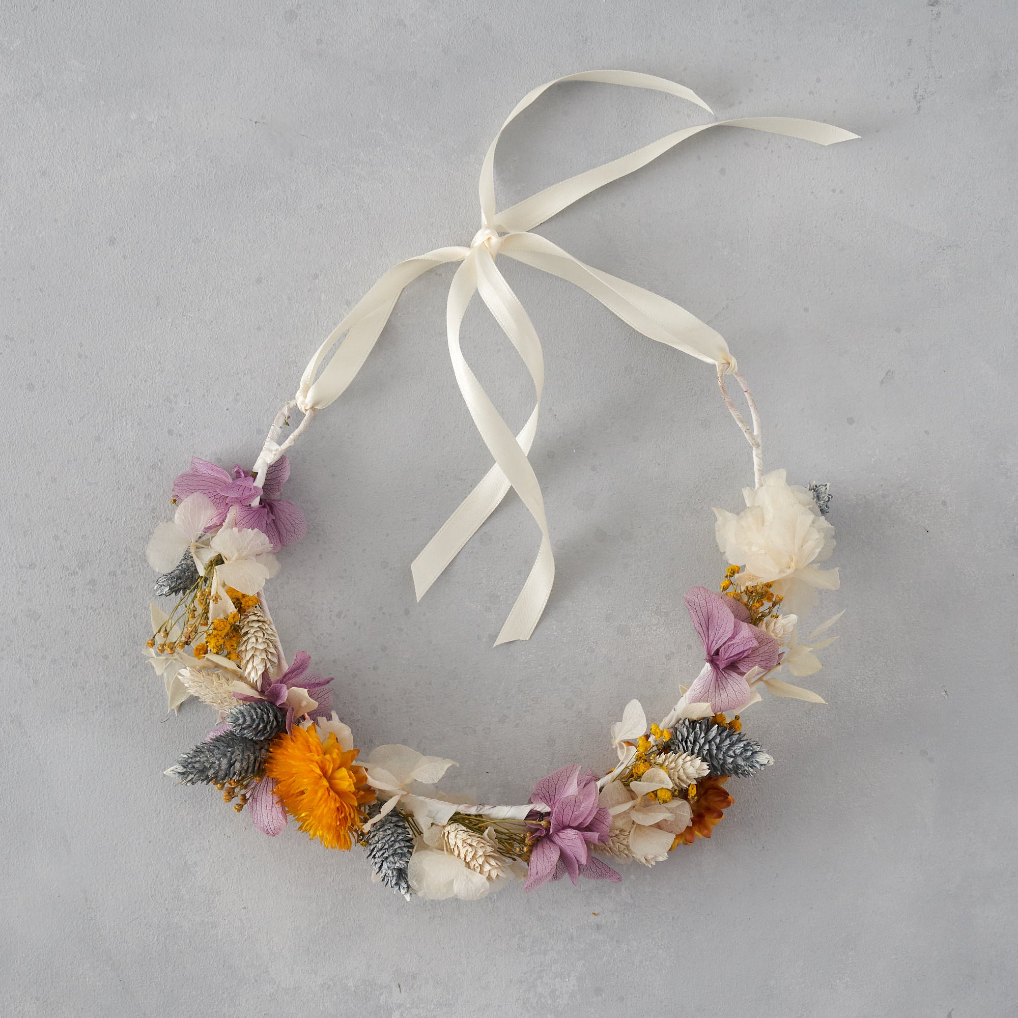 Dried flower crown : dusty lilac and sunshine yellow