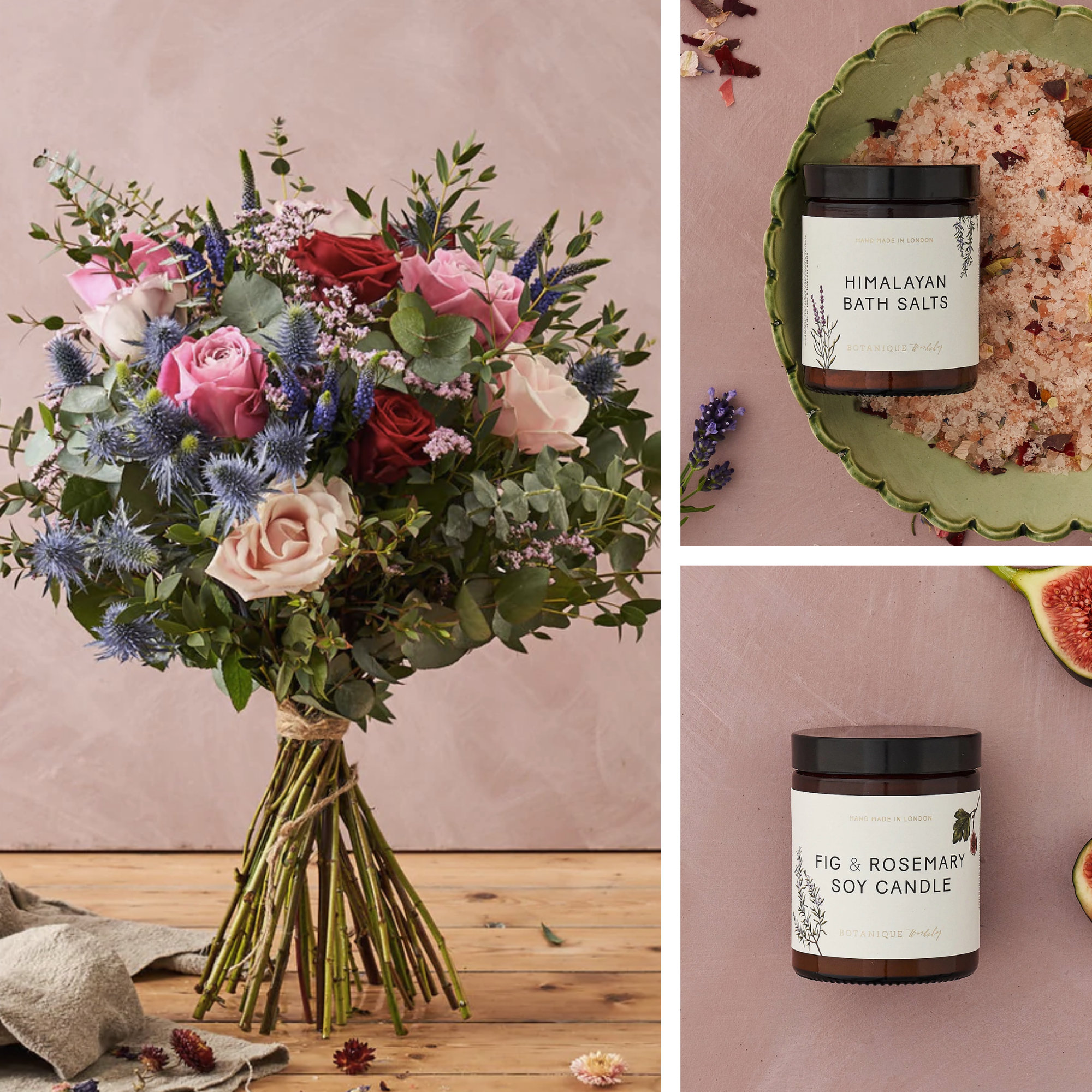 Luxury Valentine's Gift Set: English Rose Bouquet, Handmade Candle & Bath Salts