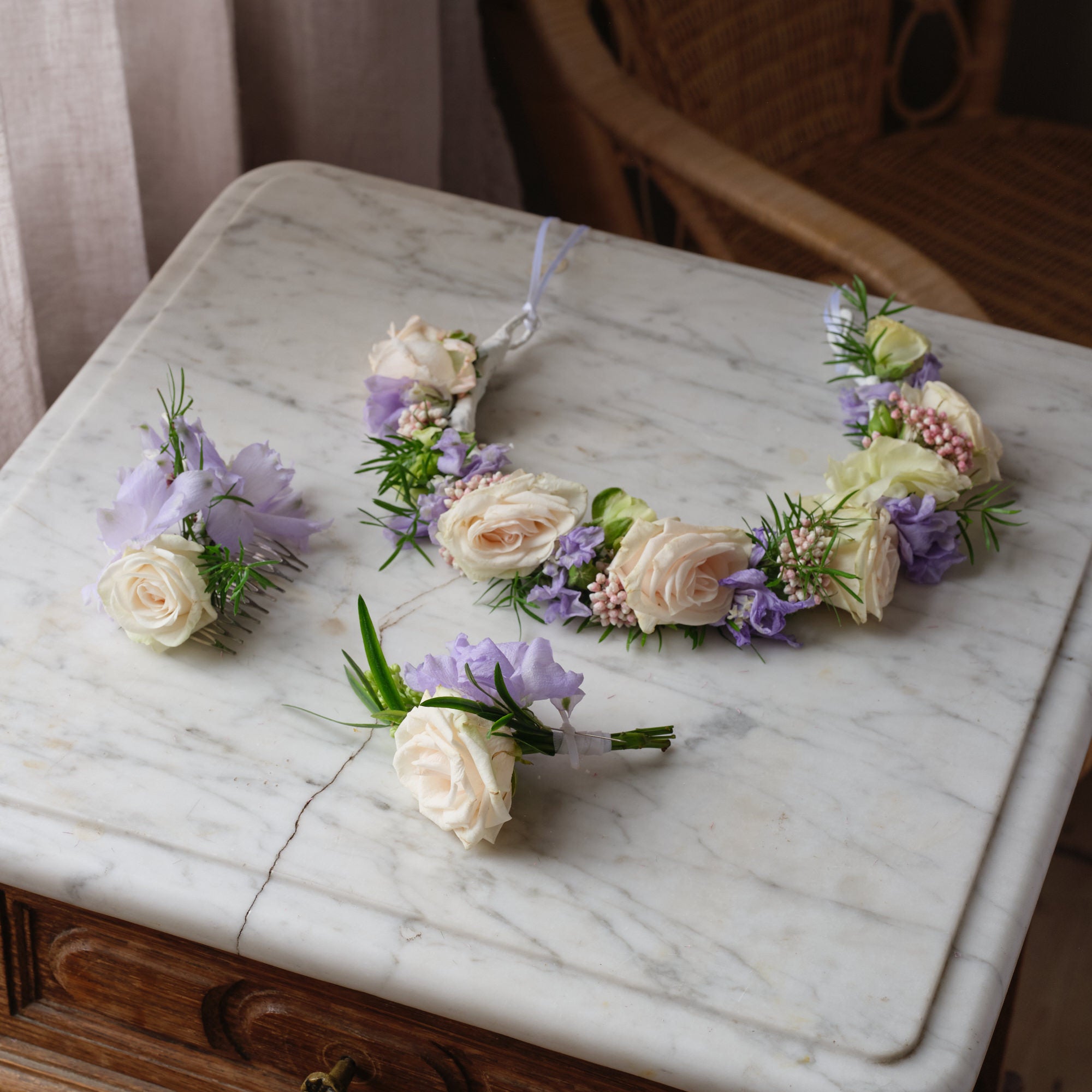 pastel wildflowers lilac and white hair comb for brides and bridesmaids