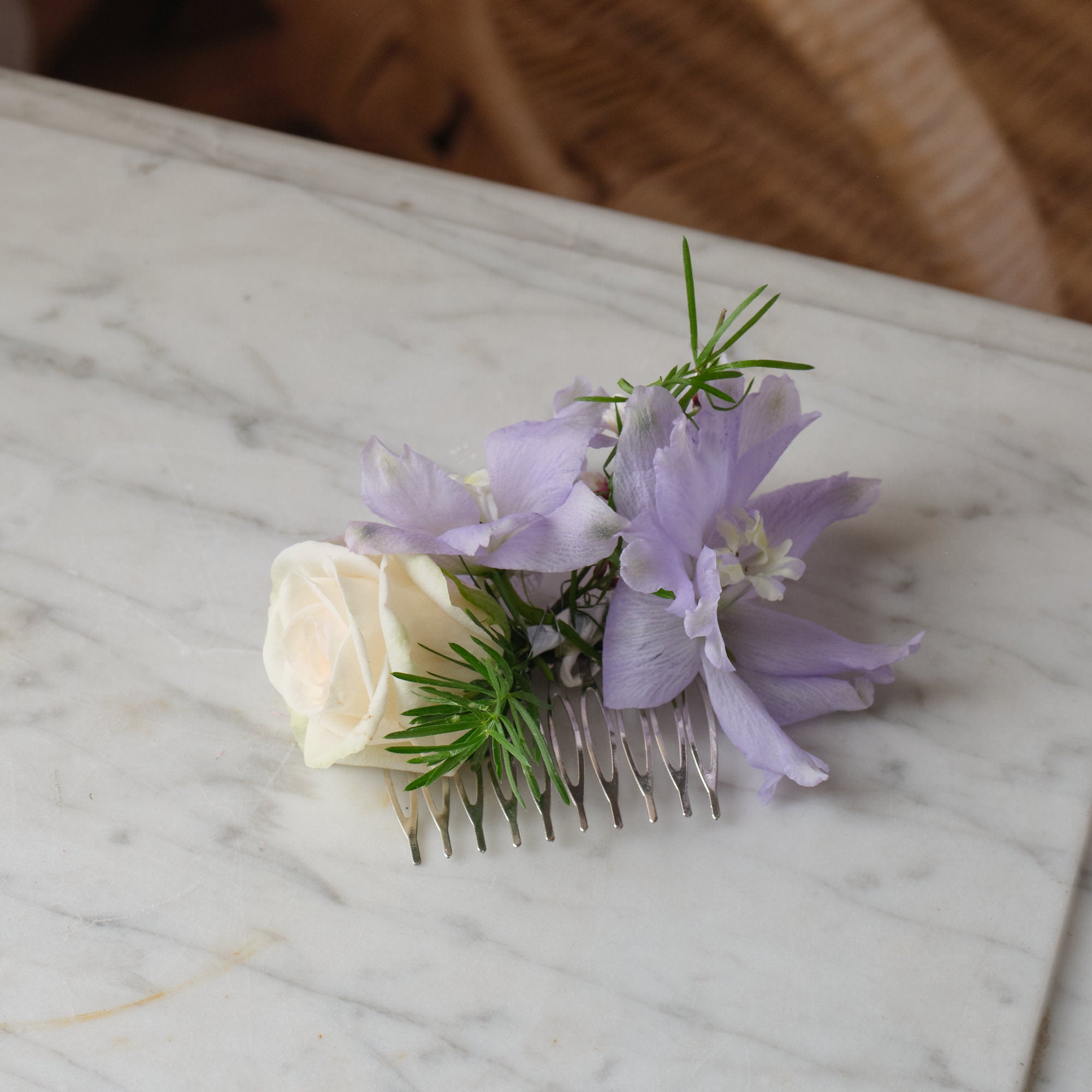 pastel wildflowers lilac and white hair comb for brides and bridesmaids