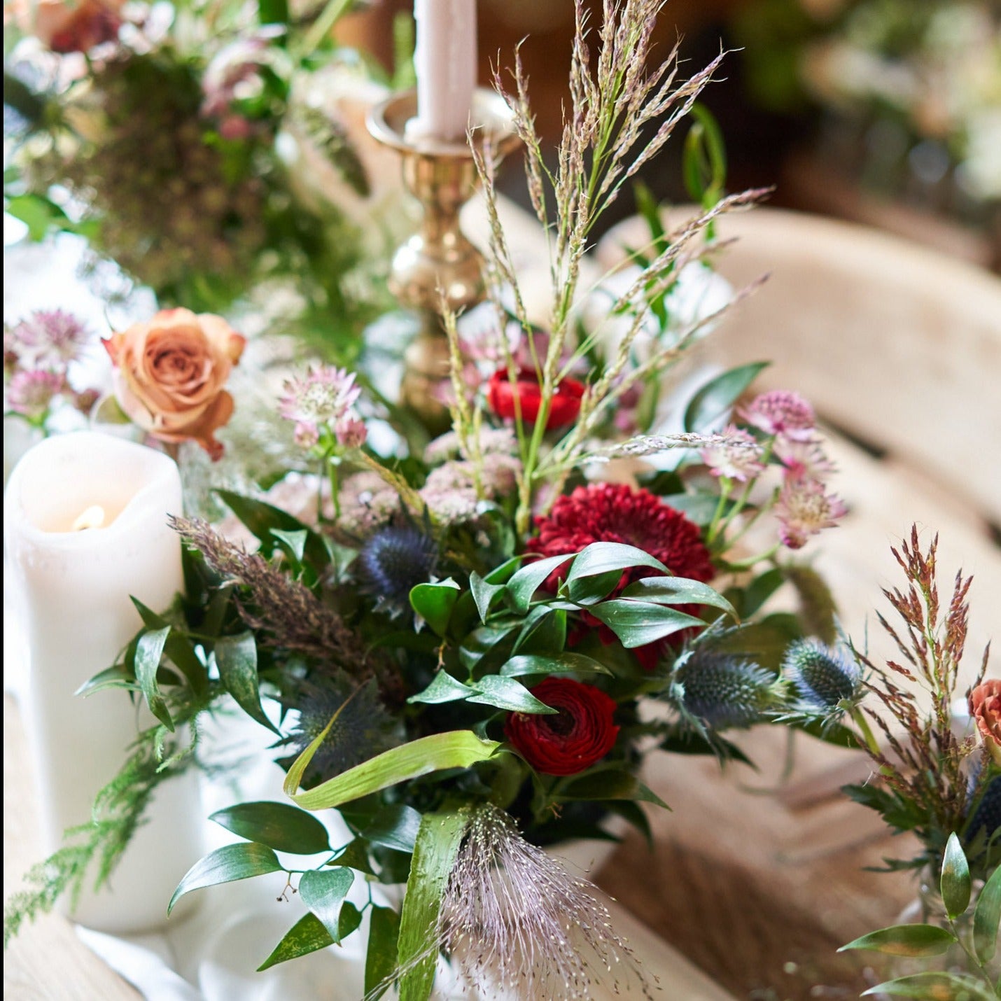 rustic burgundy cream and green wedding flowers in bowl arrangements