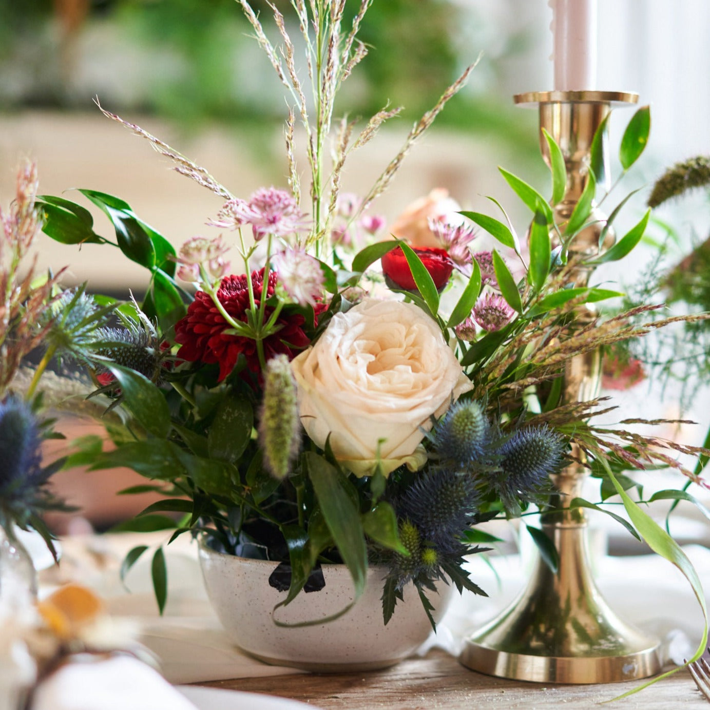 rustic burgundy cream and green wedding flowers in bowl arrangements