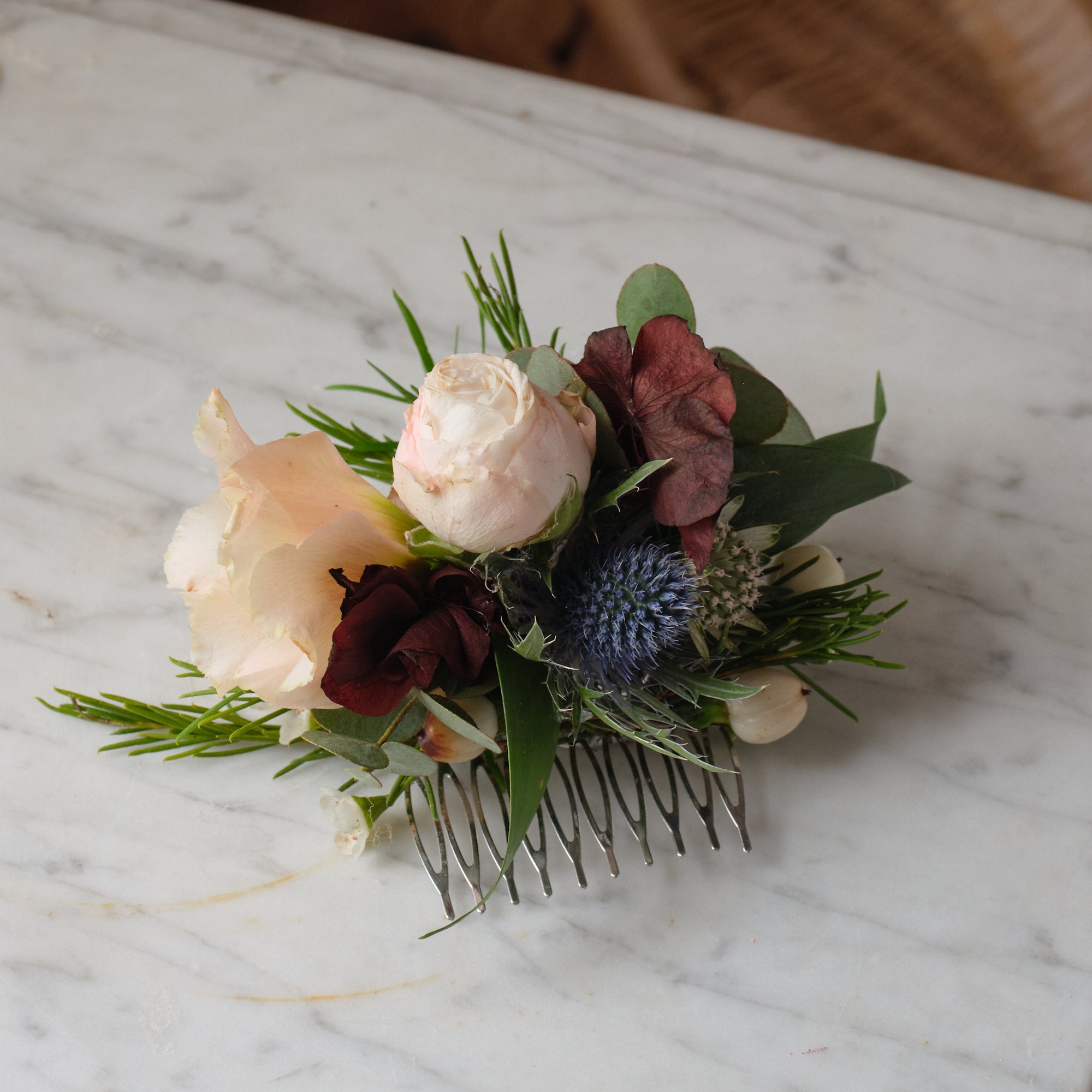 burgundy autumnal flower hair comb for brides and bridesmaids