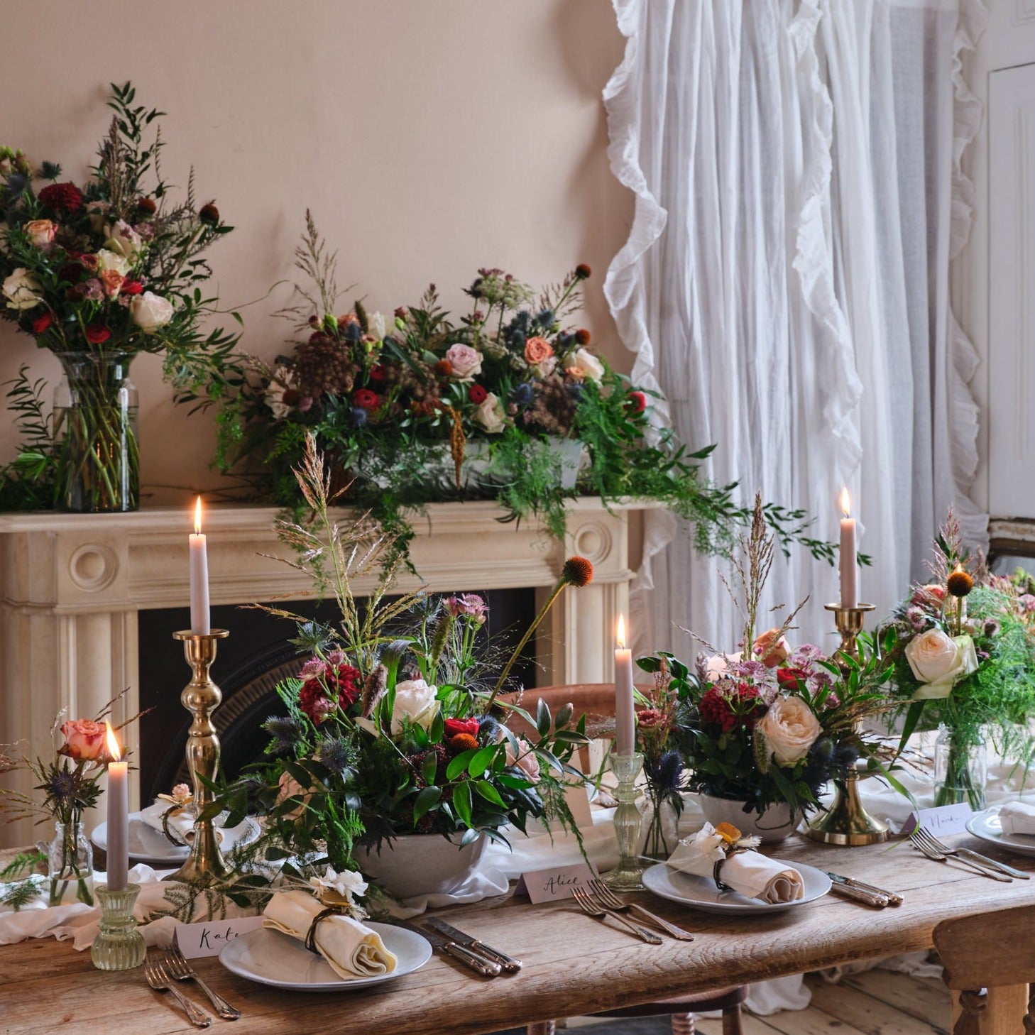 rustic burgundy cream and green wedding flowers in bowl arrangements