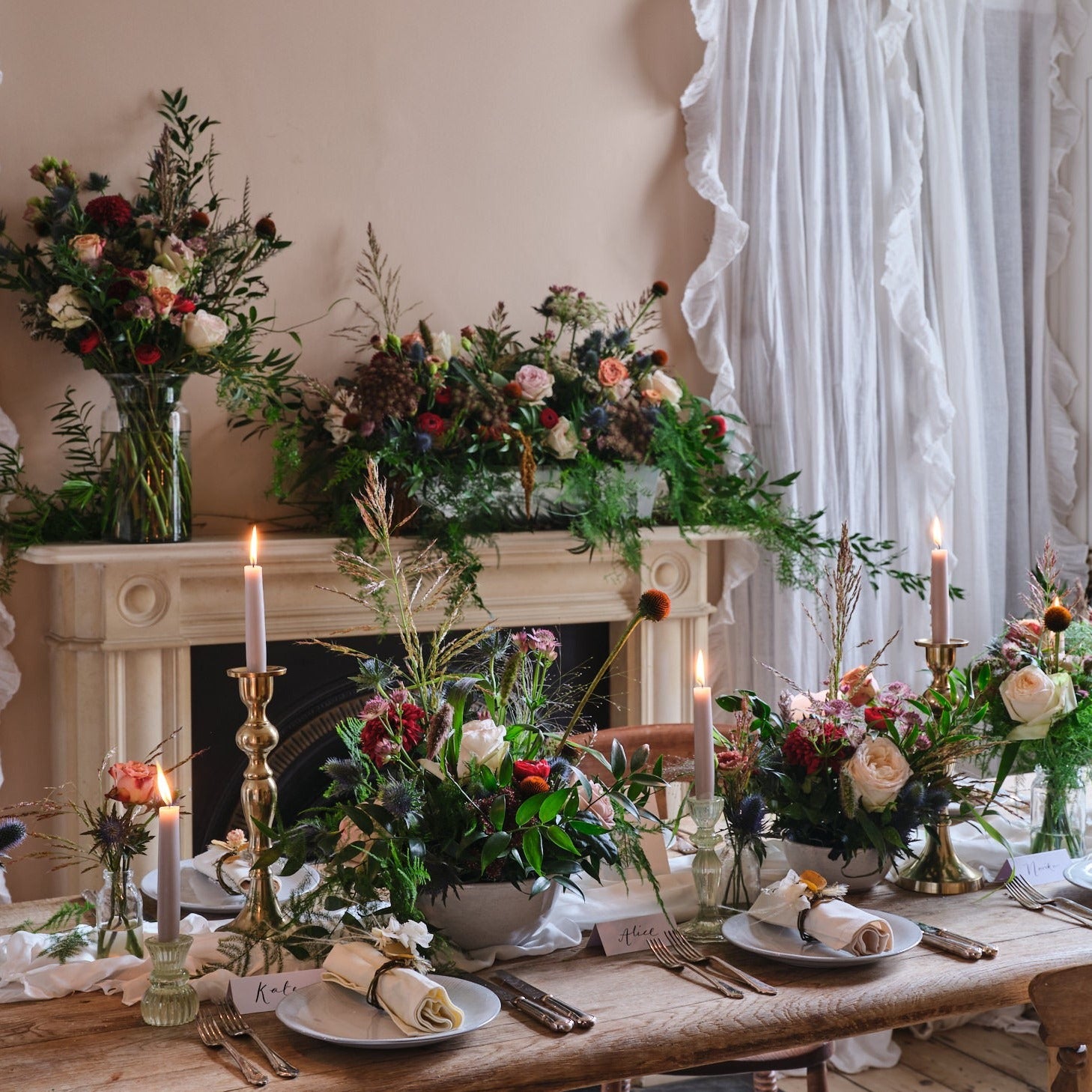 rustic burgundy wedding table decoration with milk bottle arrangements