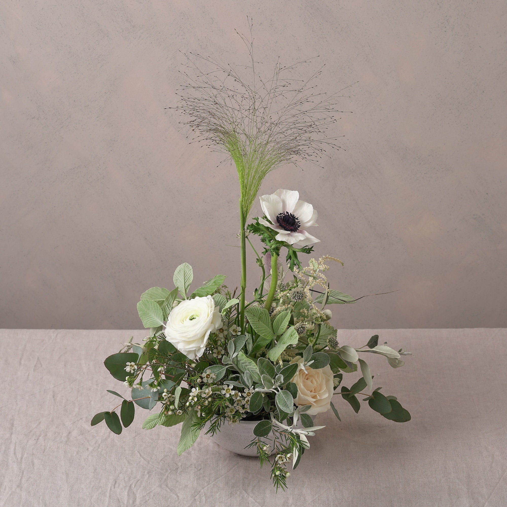 classic white and green bowl arrangements for weddings and events by Botanique Workshop London