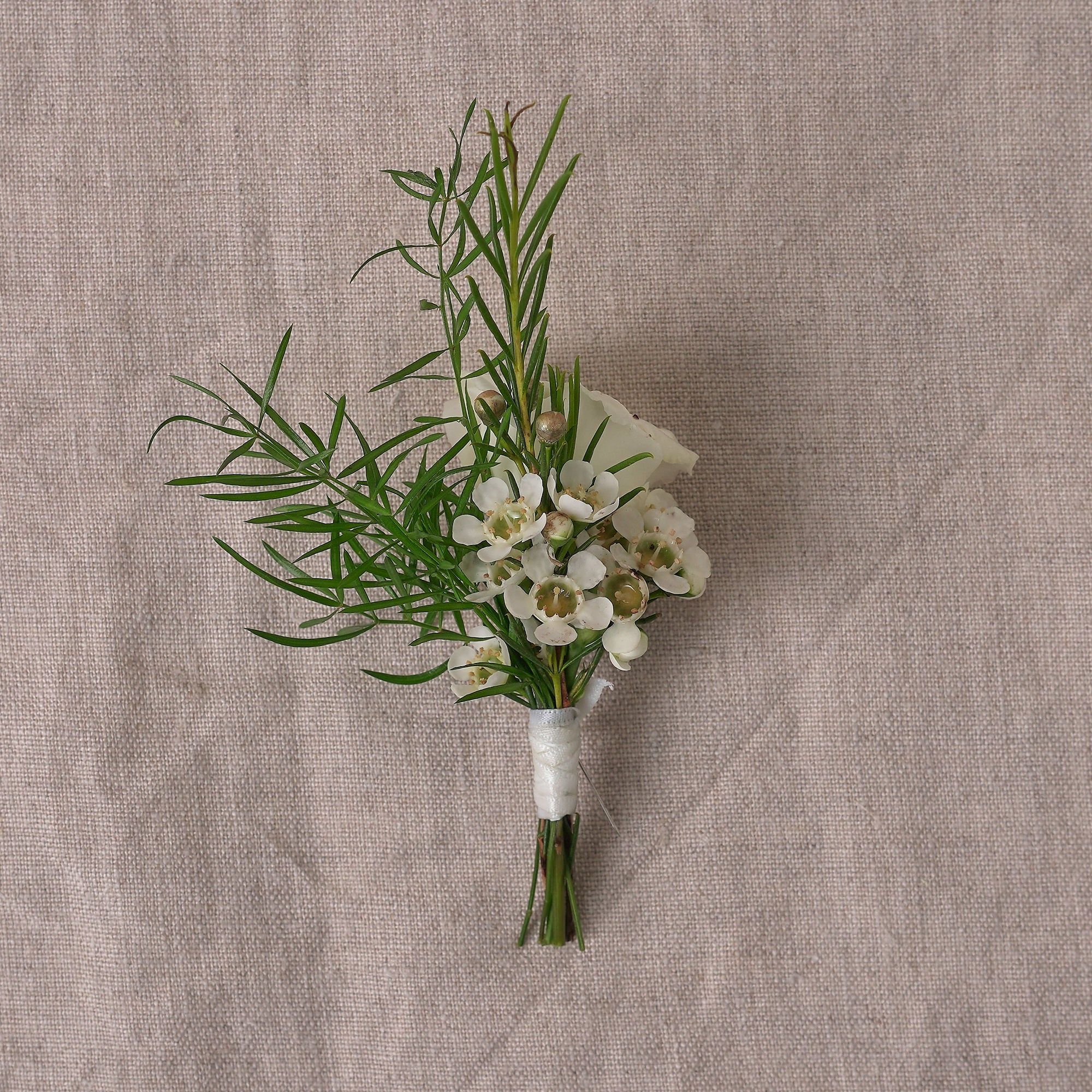 classic white buttonhole and corsage by Botanique Workshop london