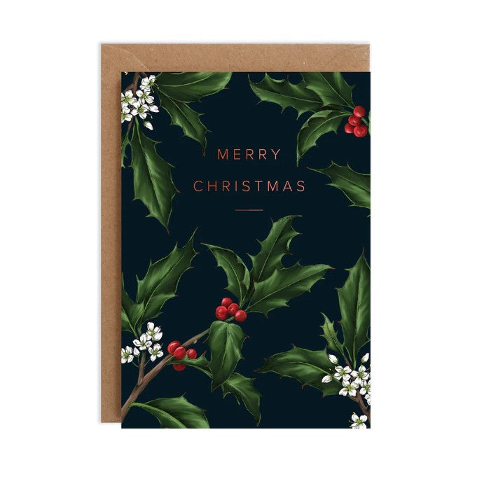 Merry Christmas Holly Border Card | Black