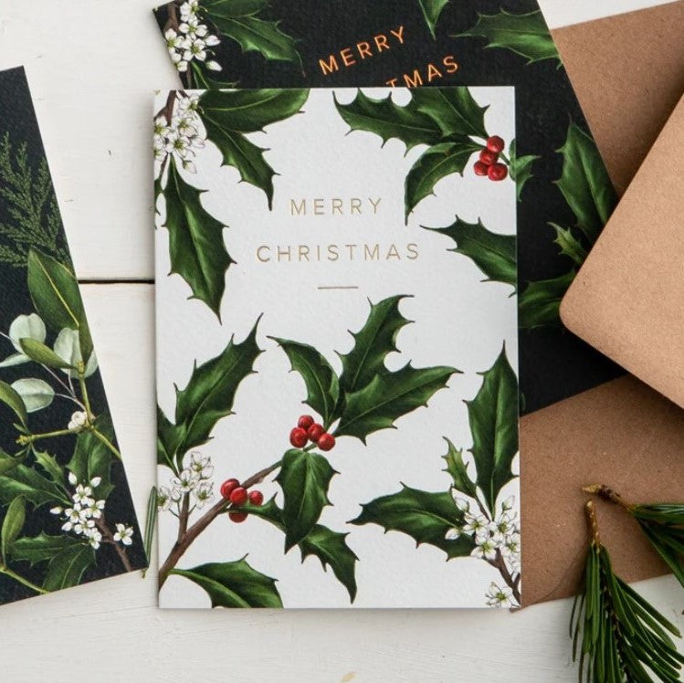 Merry Christmas Holly Border Card | White