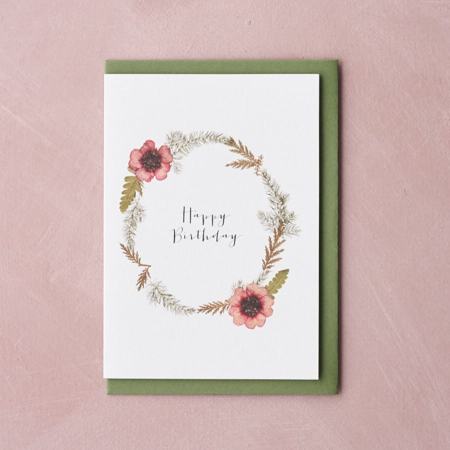 happy birthday card with pressed flowers