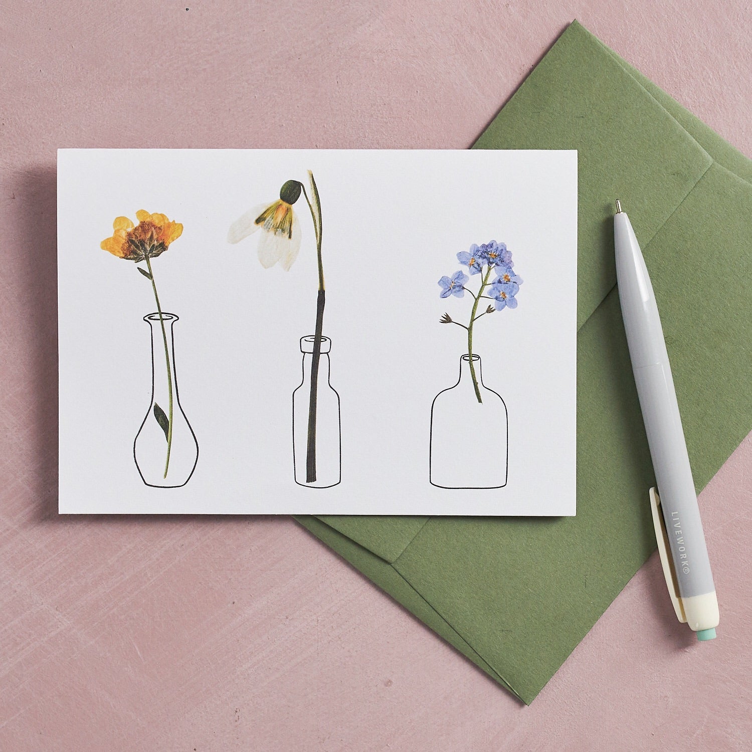 Pressed Flower Vases Greetings Card - Snowdrop