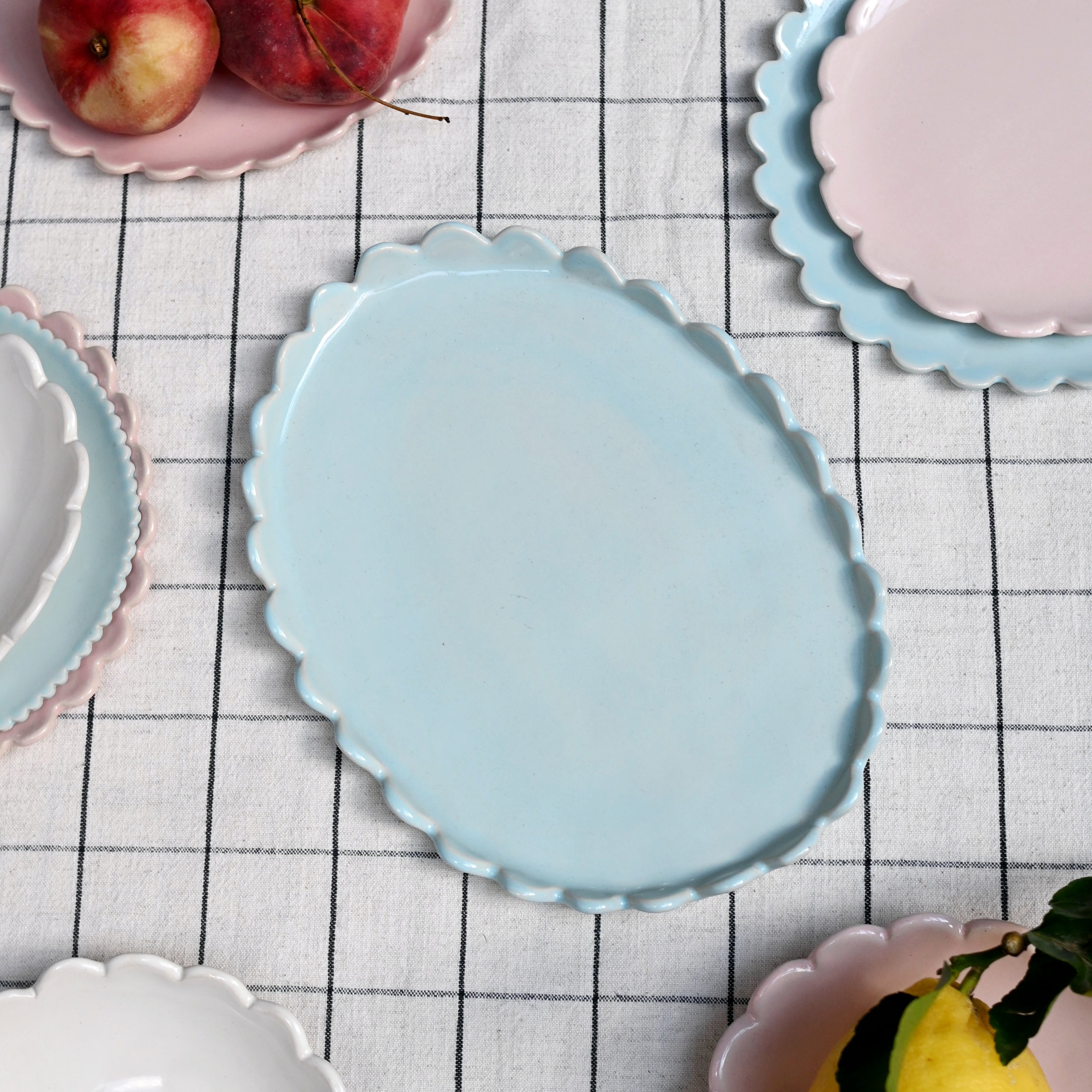 oval blue scalloped plate